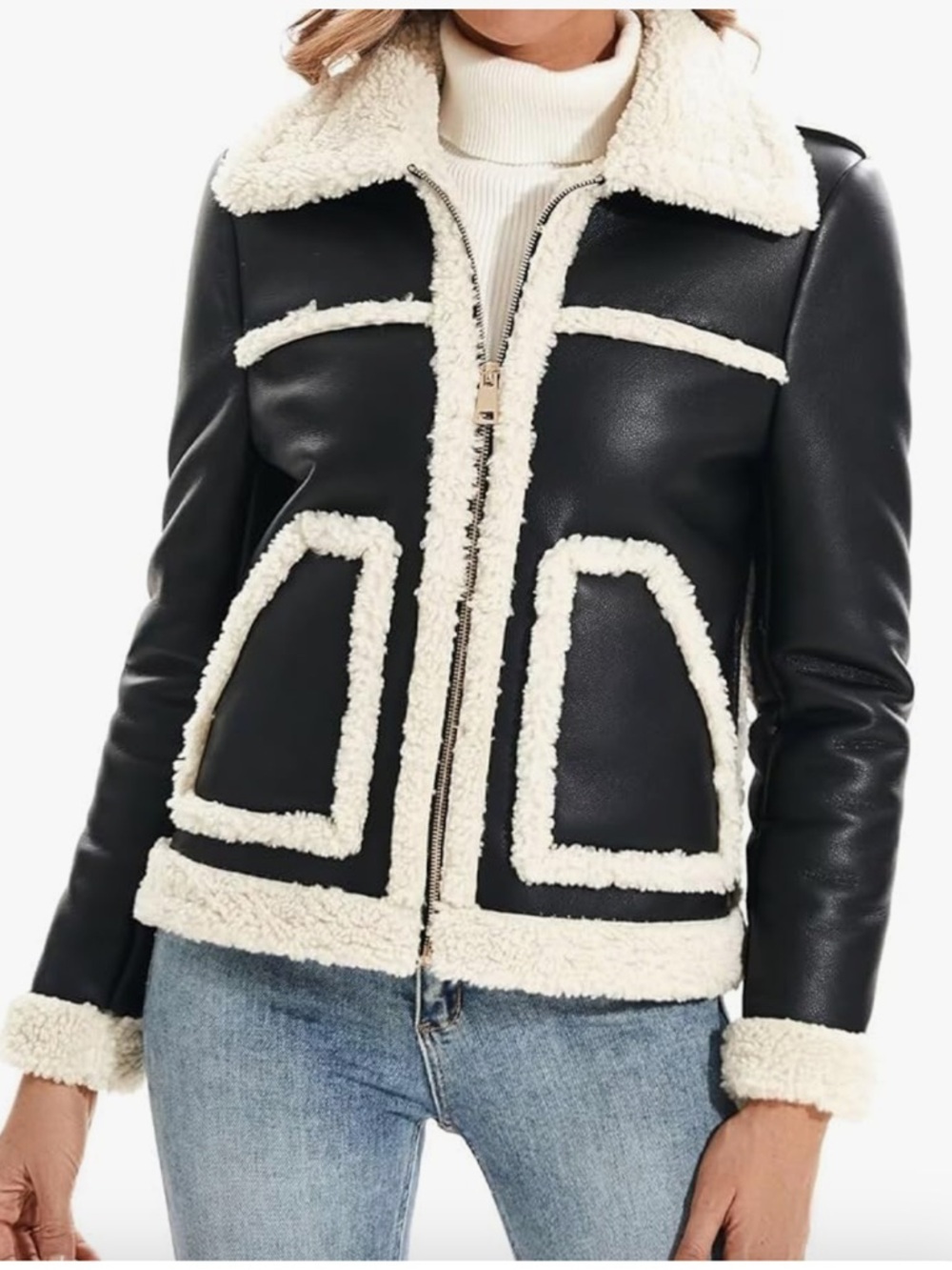 NWT Faux Shearing Moto Jacket Thick Fur Lined Coat Sherpa Leather Jacket  Small